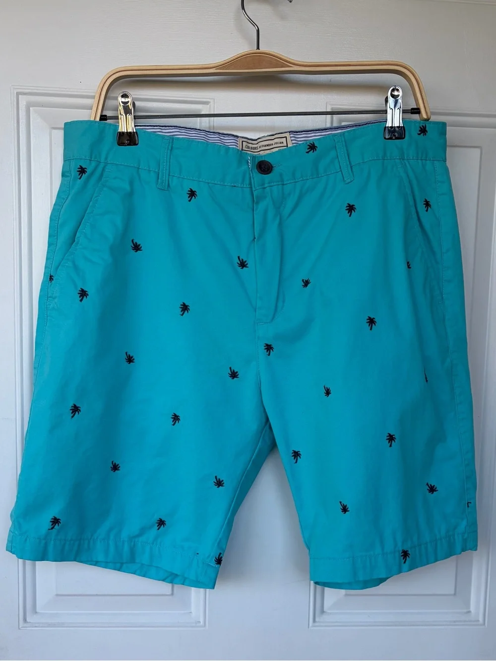 •Colours Alexander Julian• Men’s Turquoise Palm Tree Chino Shorts - Size 36 - Picture 1 of 7